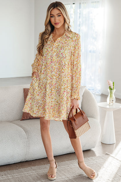 Yellow Floral Button Front Mini Dress with Frill Trim
