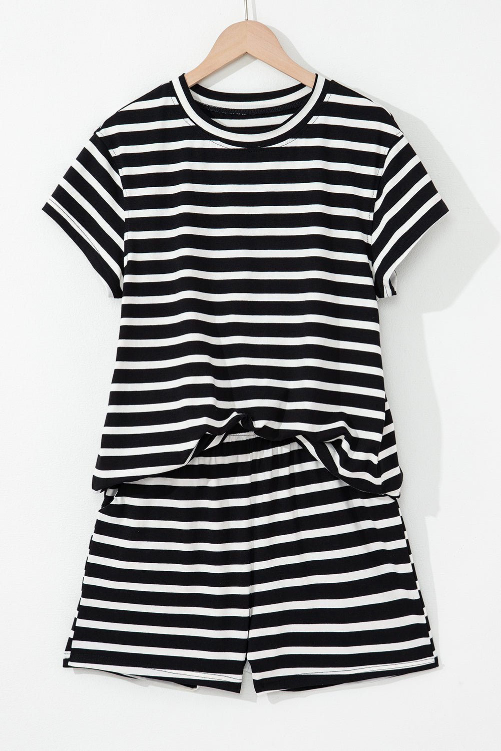 The Effortless Stripe Lounge Set – Black & White Short Sleeve Top and Above-the-Knee Shorts with Elastic Waistband