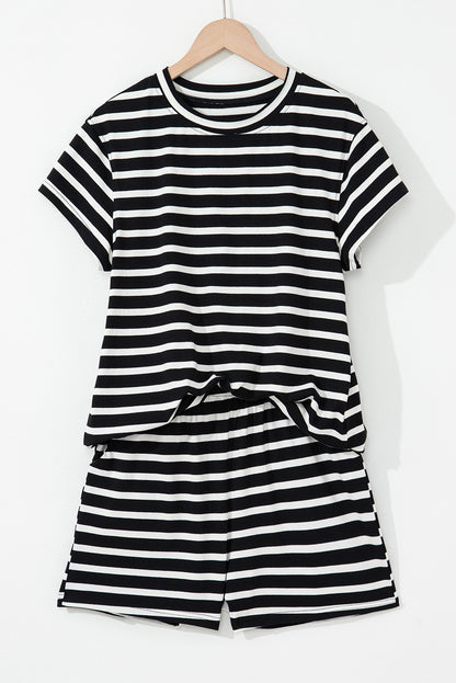 The Effortless Stripe Lounge Set – Black & White Short Sleeve Top and Above-the-Knee Shorts with Elastic Waistband