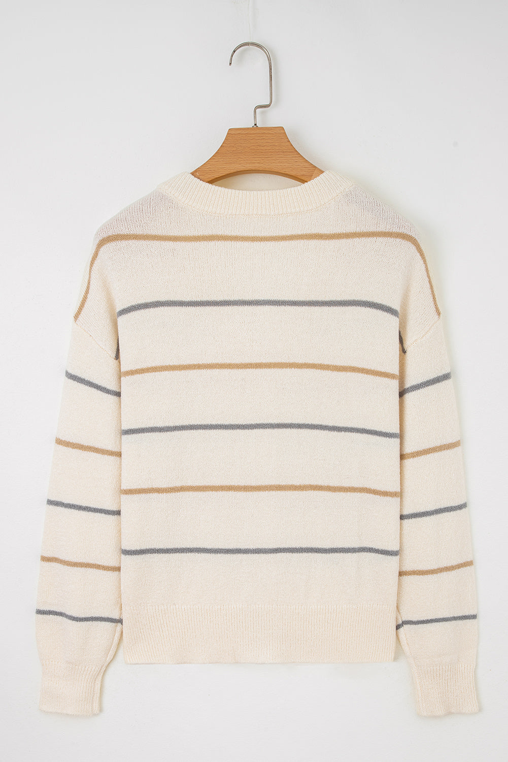 Cream striped button-front cardigan with camel tan and dusty blue-gray stripes, V-neckline, and relaxed drop-shoulder sleeves
