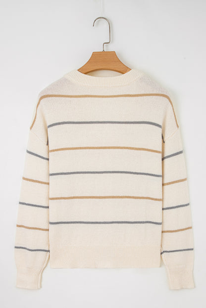 Cream striped button-front cardigan with camel tan and dusty blue-gray stripes, V-neckline, and relaxed drop-shoulder sleeves