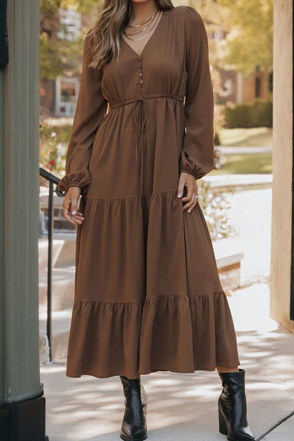 Long Sleeve V‑Neck Button Front Tiered Maxi Dress