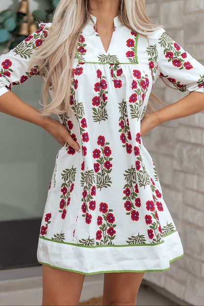 White Floral Frilled V-Neck Mini Dress