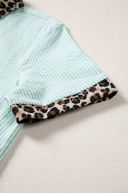 Leopard Contrast Collar Striped Blouse – Casual Everyday Button Front Top