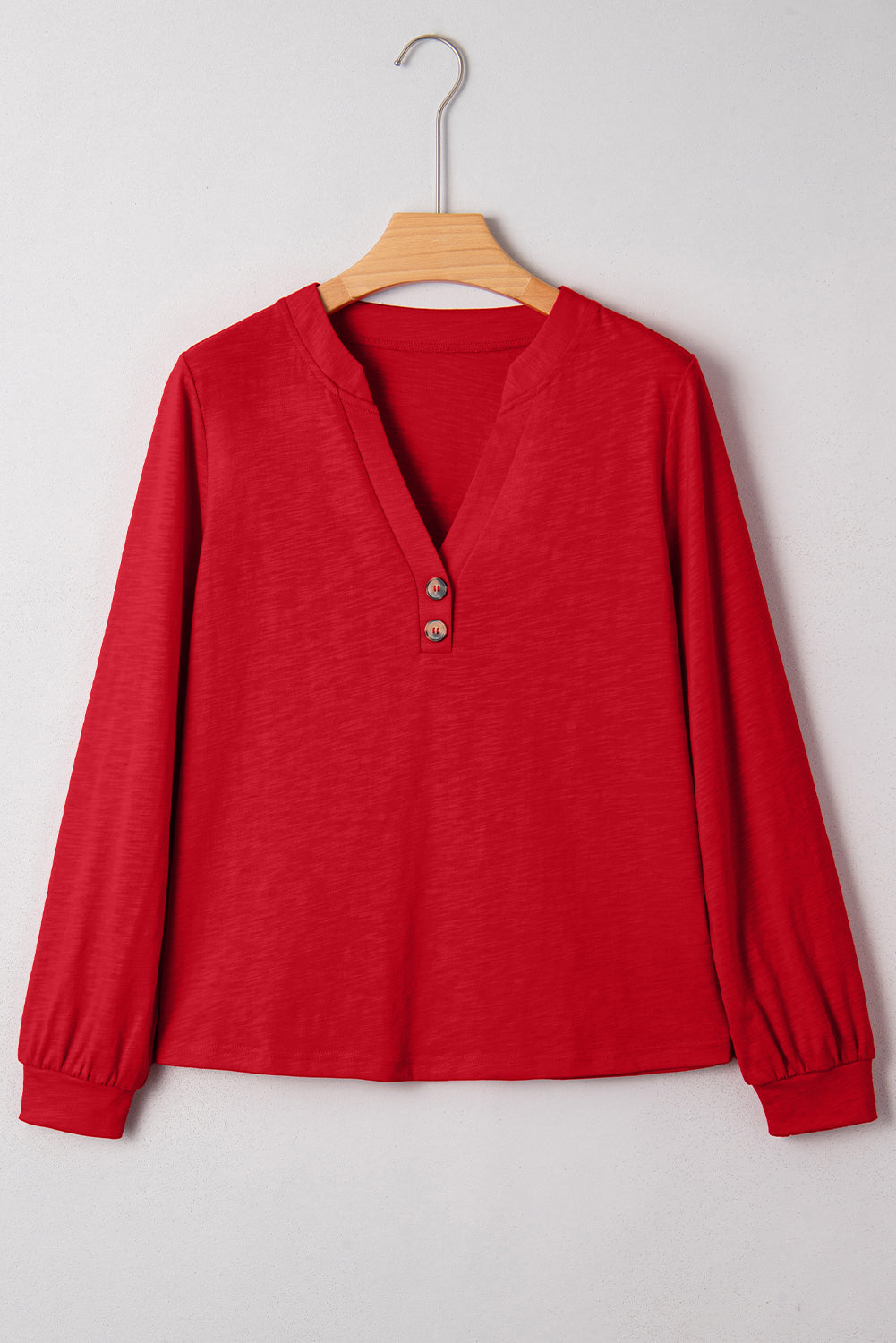 Crimson Red split neck button detail long sleeve top with gathered cuff sleeves