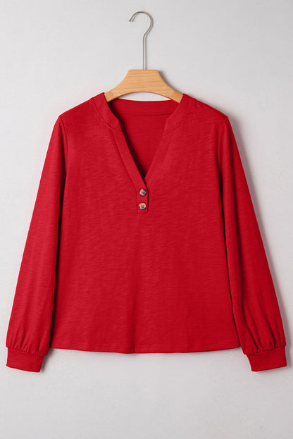 Crimson Red split neck button detail long sleeve top with gathered cuff sleeves