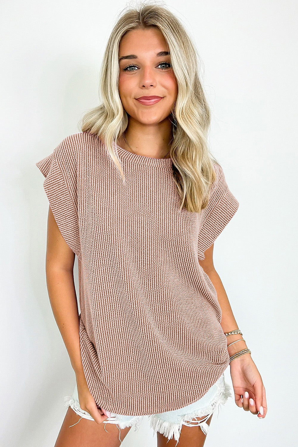 Twisted Rib Wide Sleeve Crew Neck Tee
