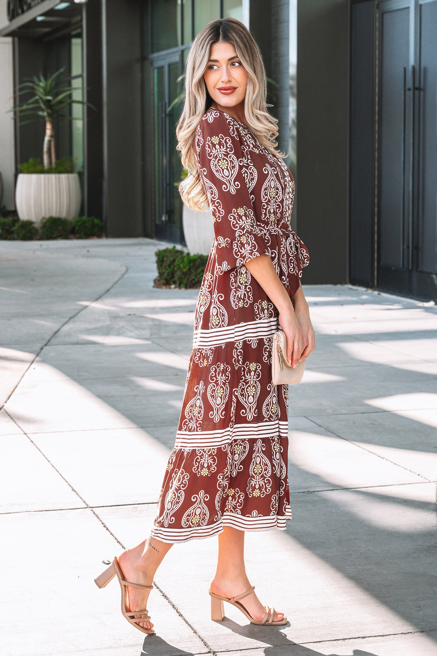 Rust Paisley 3/4 Flutter Sleeve Tie Waist Boho Maxi Dress