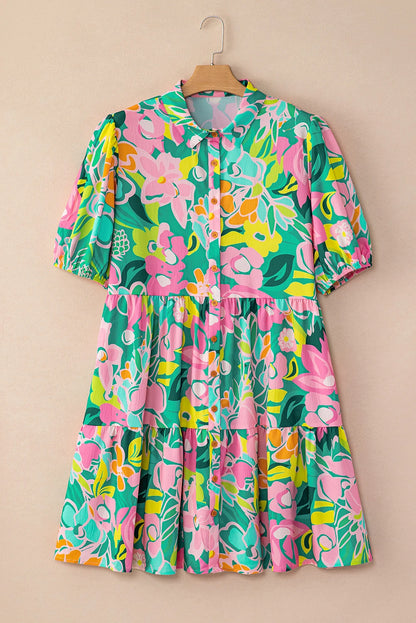Elena Bright Floral Collared Button Front Babydoll Dress