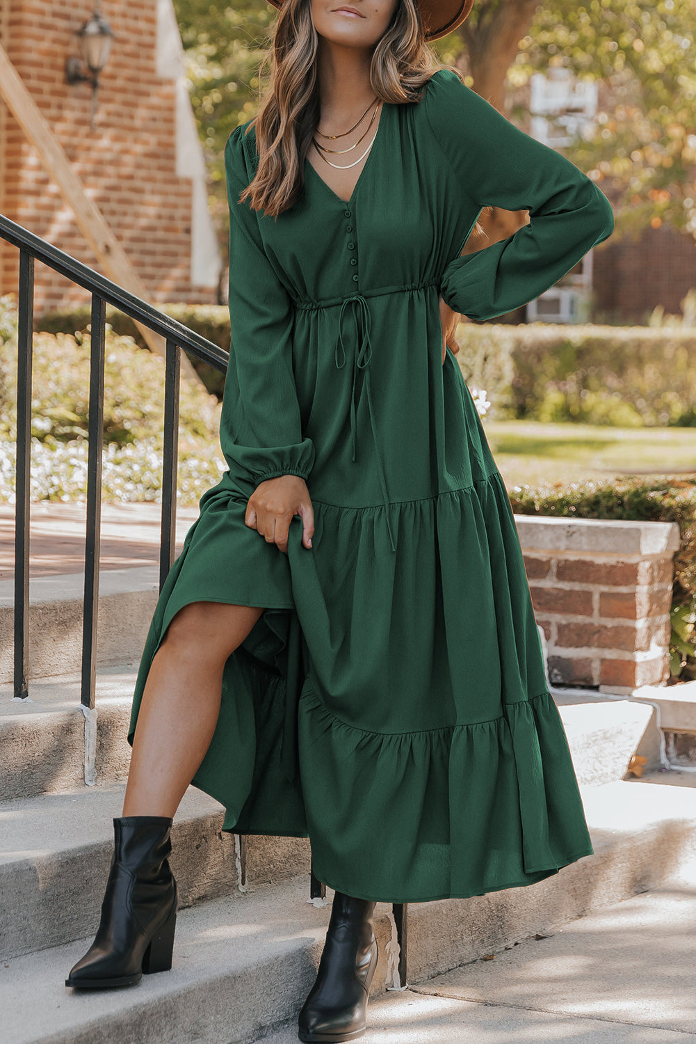 Long Sleeve V‑Neck Button Front Tiered Maxi Dress