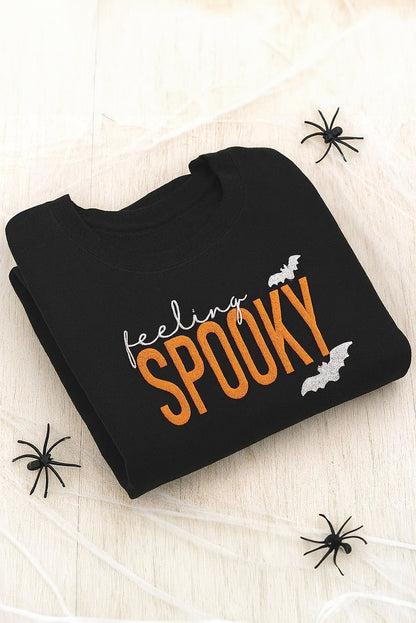 Black Feeling Spooky Embroidered Sweatshirt – Halloween Crew Neck Pullover