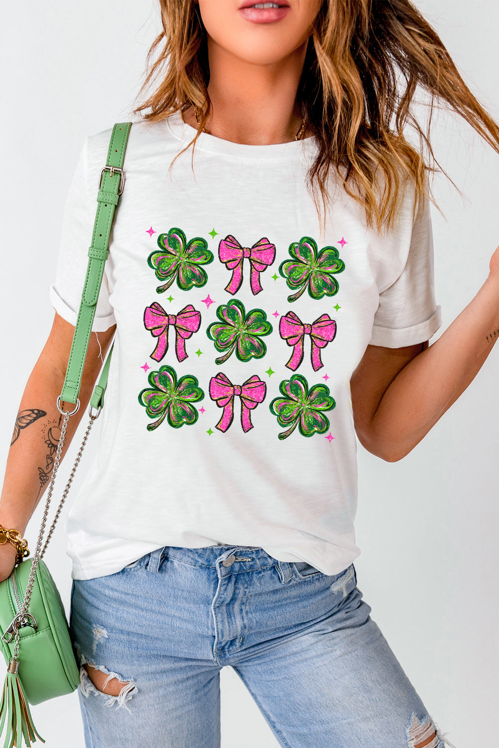 Shamrock & Bow Grid Tee – White St. Patrick’s Day Graphic Top