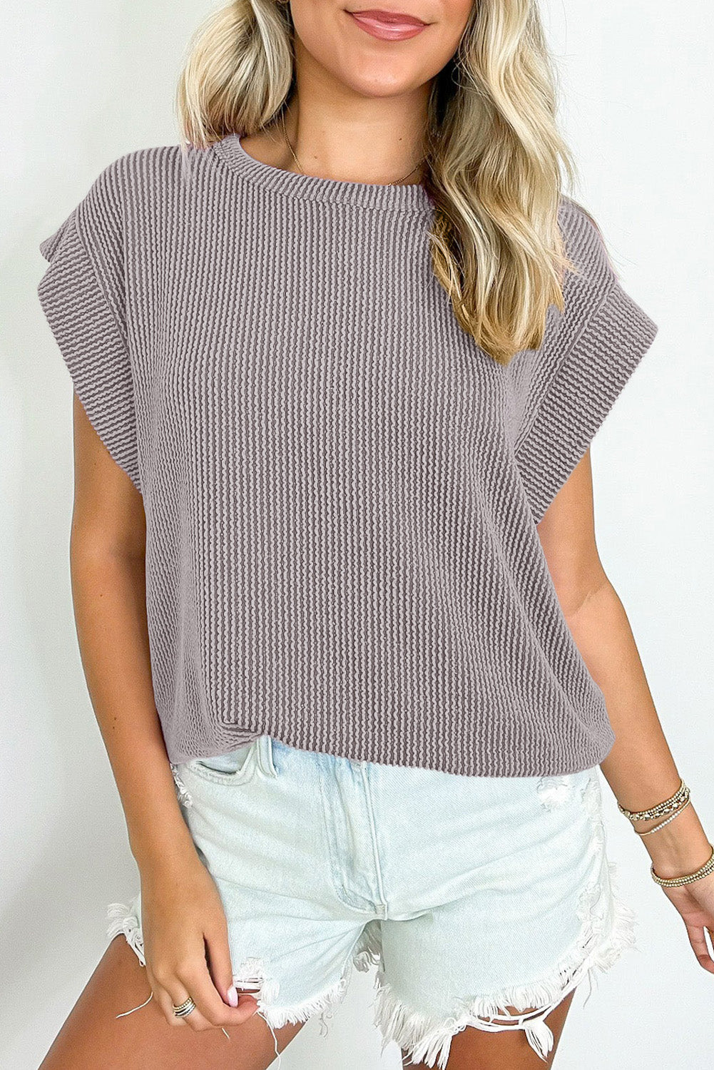 Twisted Rib Wide Sleeve Crew Neck Tee