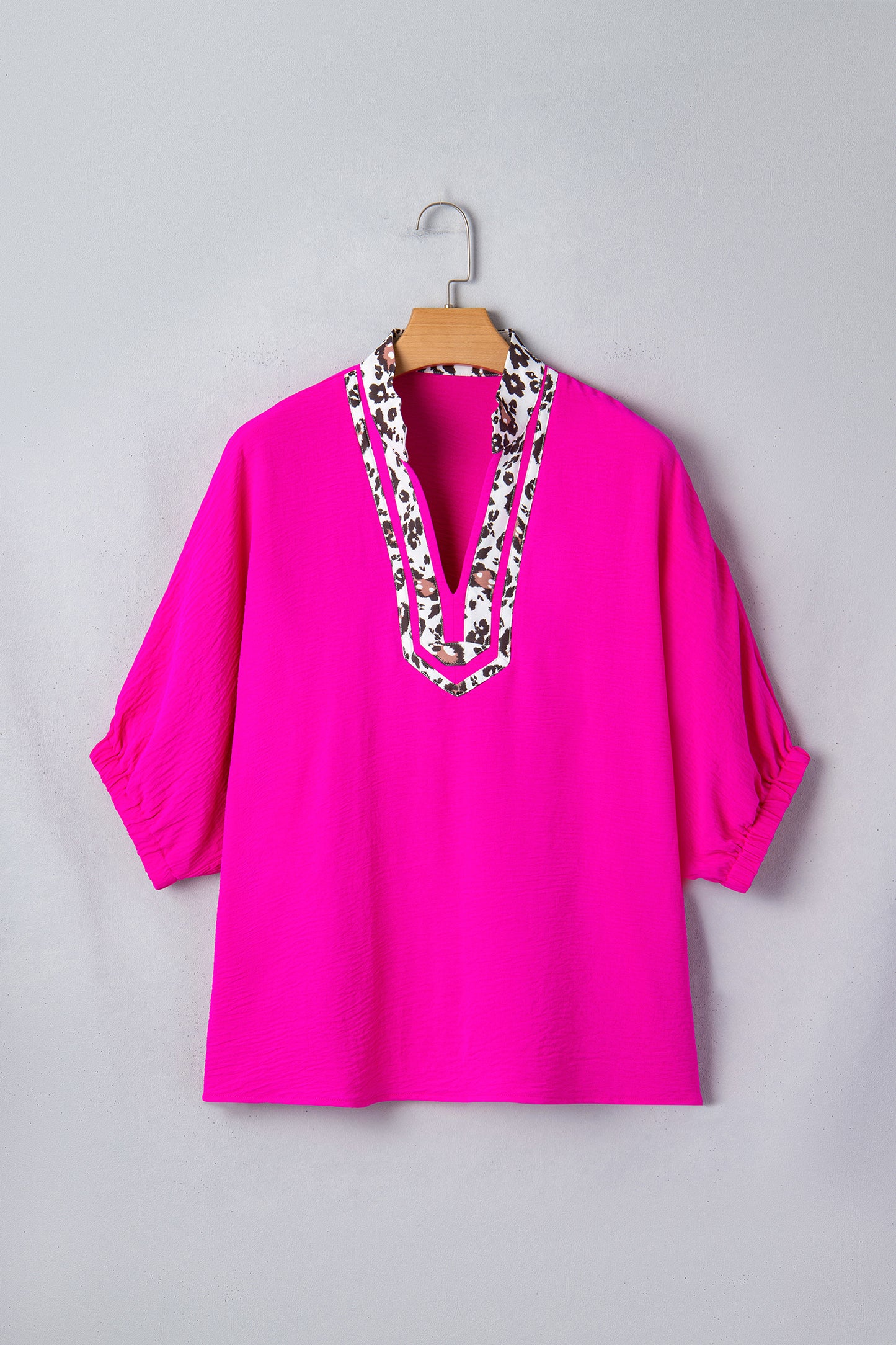 Leopard Trim V-Neck Blouse – Relaxed Fit Statement Top