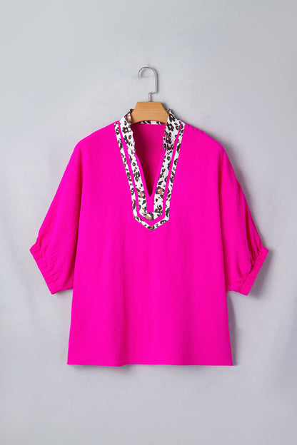 Leopard Trim V-Neck Blouse – Relaxed Fit Statement Top