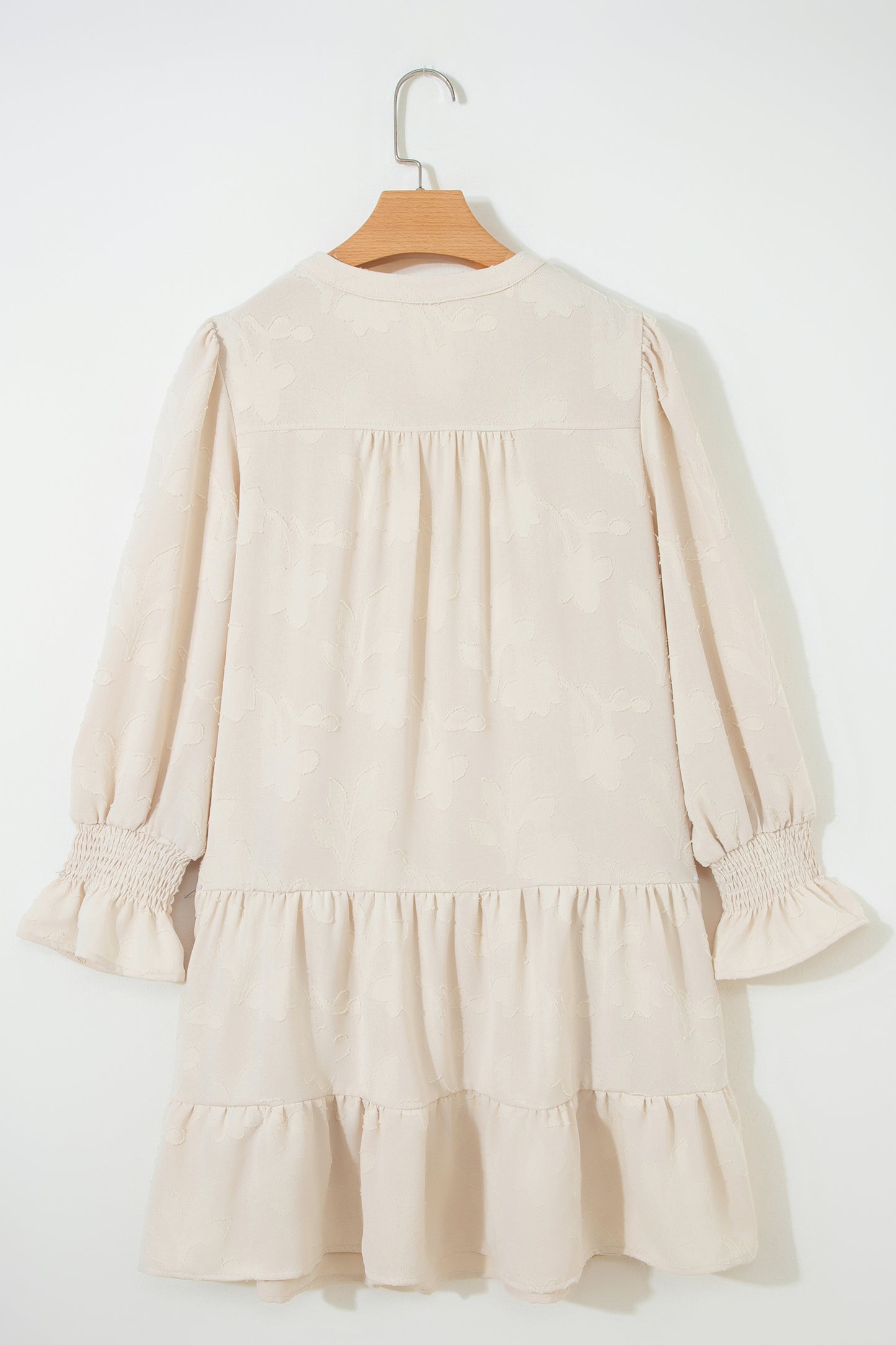 Cream Textured Tiered Mini Dress – Split Neck Long Sleeve Dress