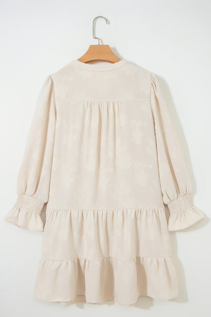 Cream Textured Tiered Mini Dress – Split Neck Long Sleeve Dress