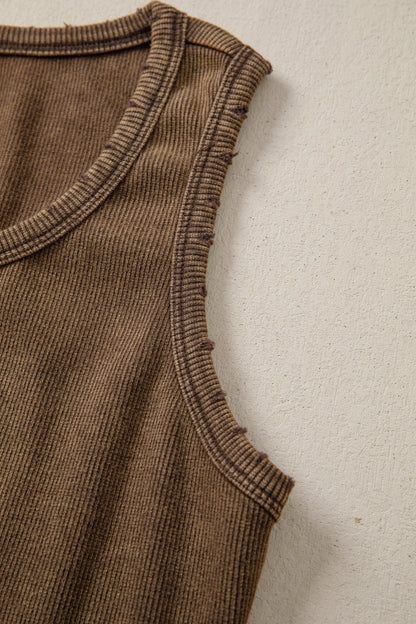 Mocha Vintage Distressed Ribbed Mineral Wash Tank Top