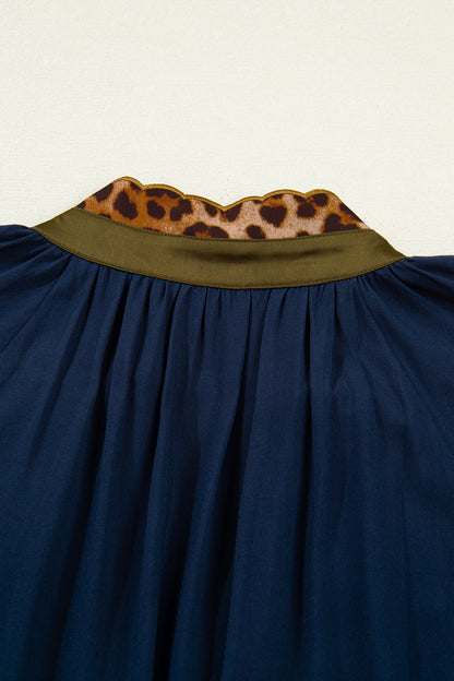 Navy Blue Leopard Trim Ruffle Hem Mini Dress – Casual Boutique Shift Dress
