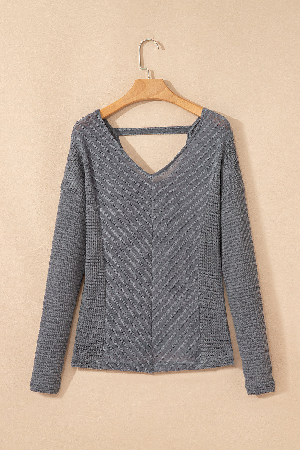 Textured V-Neck Long Sleeve Top – Chevron Open Back Knit