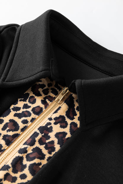 Black Leopard Patchwork Zip Collared Puff Sleeve Shift Mini Dress