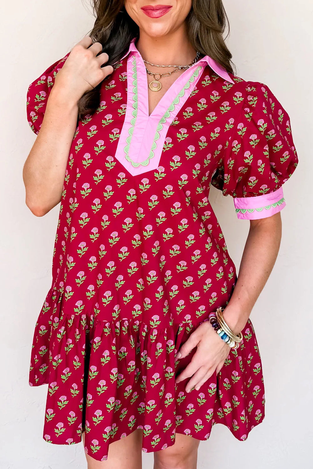 Colette Red Floral V-Neck Puff Sleeve Mini Dress