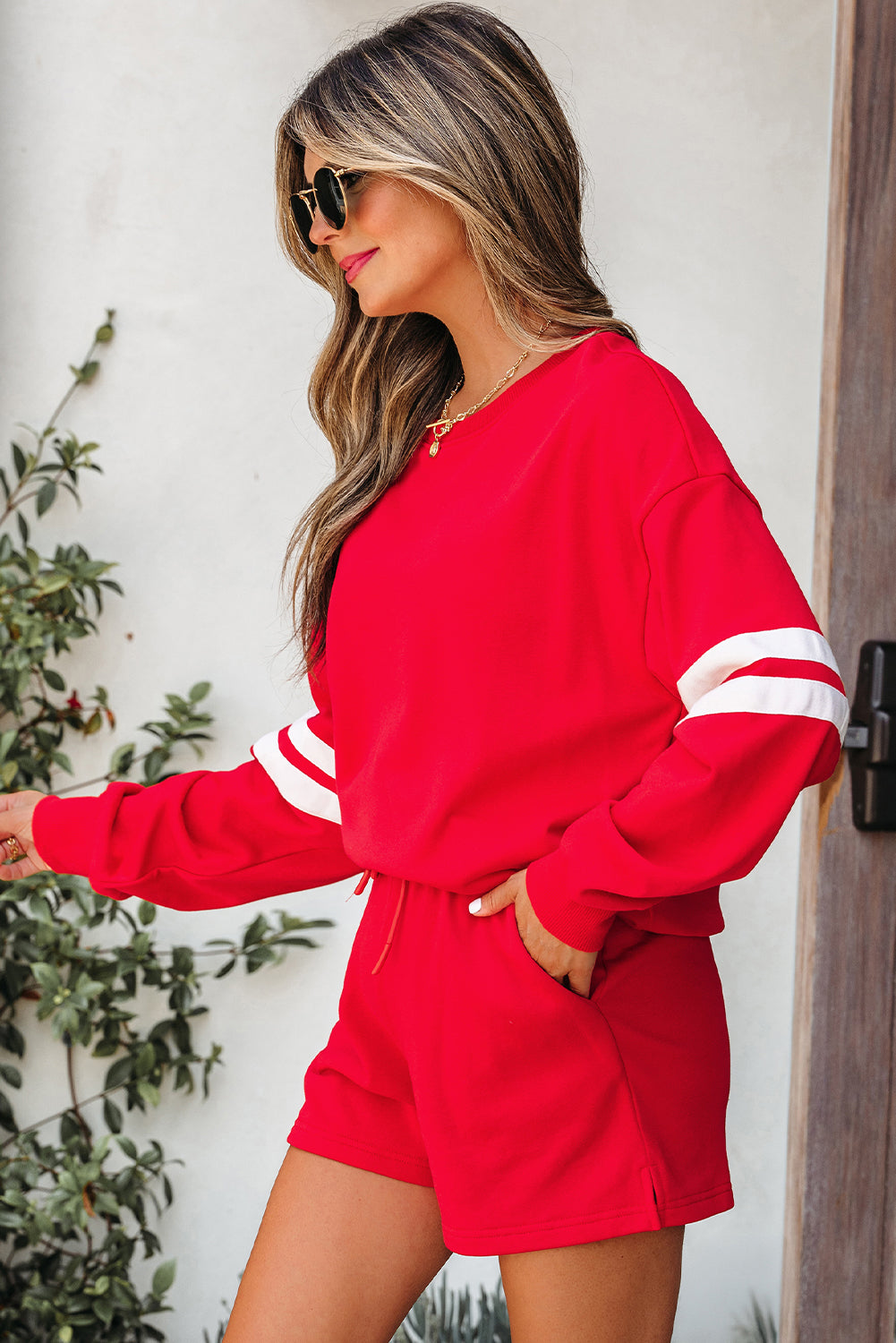 Varsity Striped Sleeve Drop Shoulder Sweatshirt & Short Set