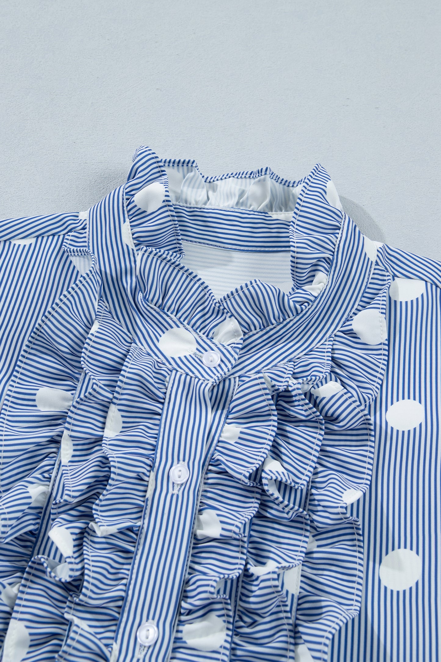 Blue White Striped Polka Dot Ruffle Blouse – Flutter Sleeve Button Front Top