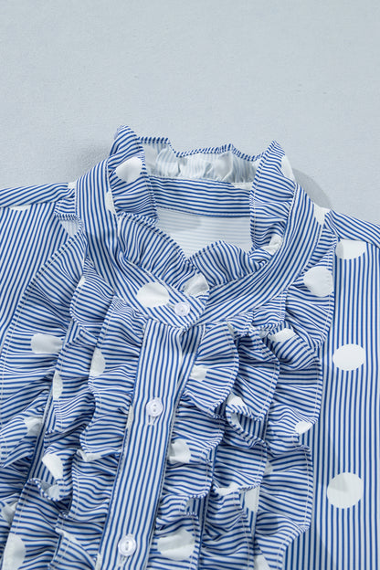 Blue White Striped Polka Dot Ruffle Blouse – Flutter Sleeve Button Front Top