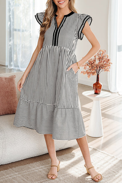 Striped Flutter Sleeve Tiered Midi Dress with Contrast Trim