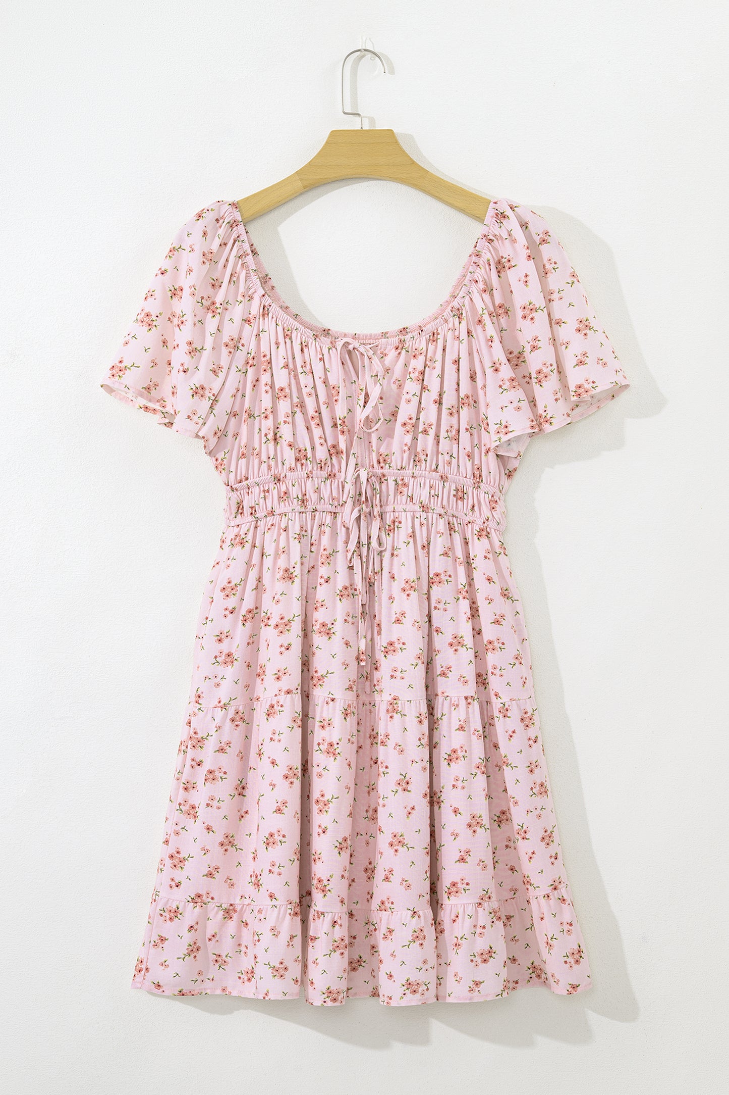 Pink Floral Tie Front Smocked Babydoll Tiered Mini Dress