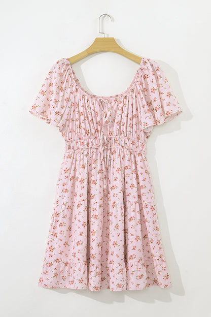 Pink Floral Tie Front Smocked Babydoll Tiered Mini Dress