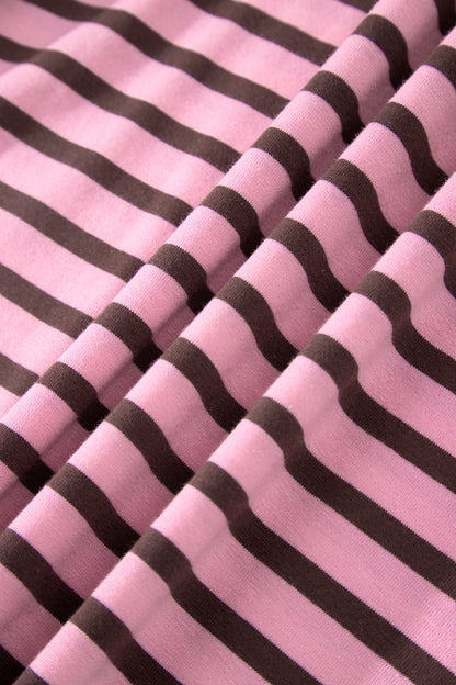 Pink Mocha Striped Puff Sleeve V-Neck T-Shirt – Casual Everyday Top