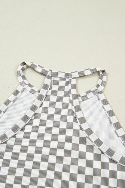 Checker Print High Neck Racerback Tank Top – Casual Everyday Summer Top