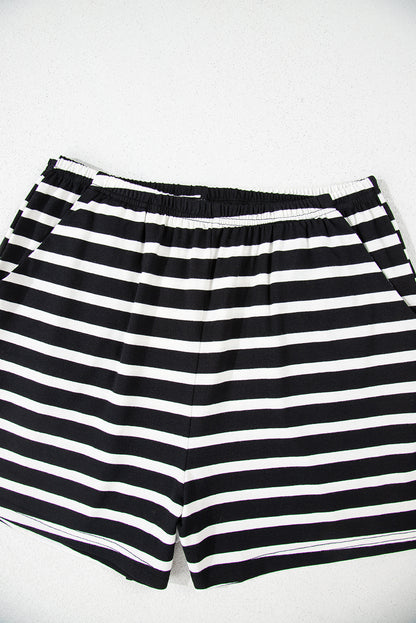 The Effortless Stripe Lounge Set – Black & White Short Sleeve Top and Above-the-Knee Shorts with Elastic Waistband