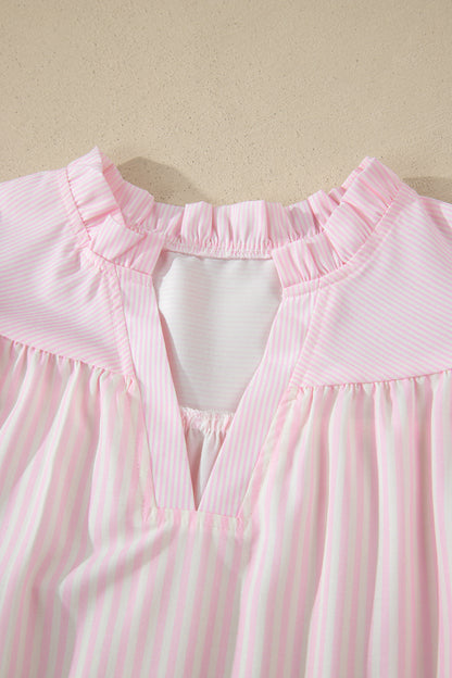 Pink Striped Ruffle Sleeve Blouse – Feminine Everyday Flutter Sleeve Top