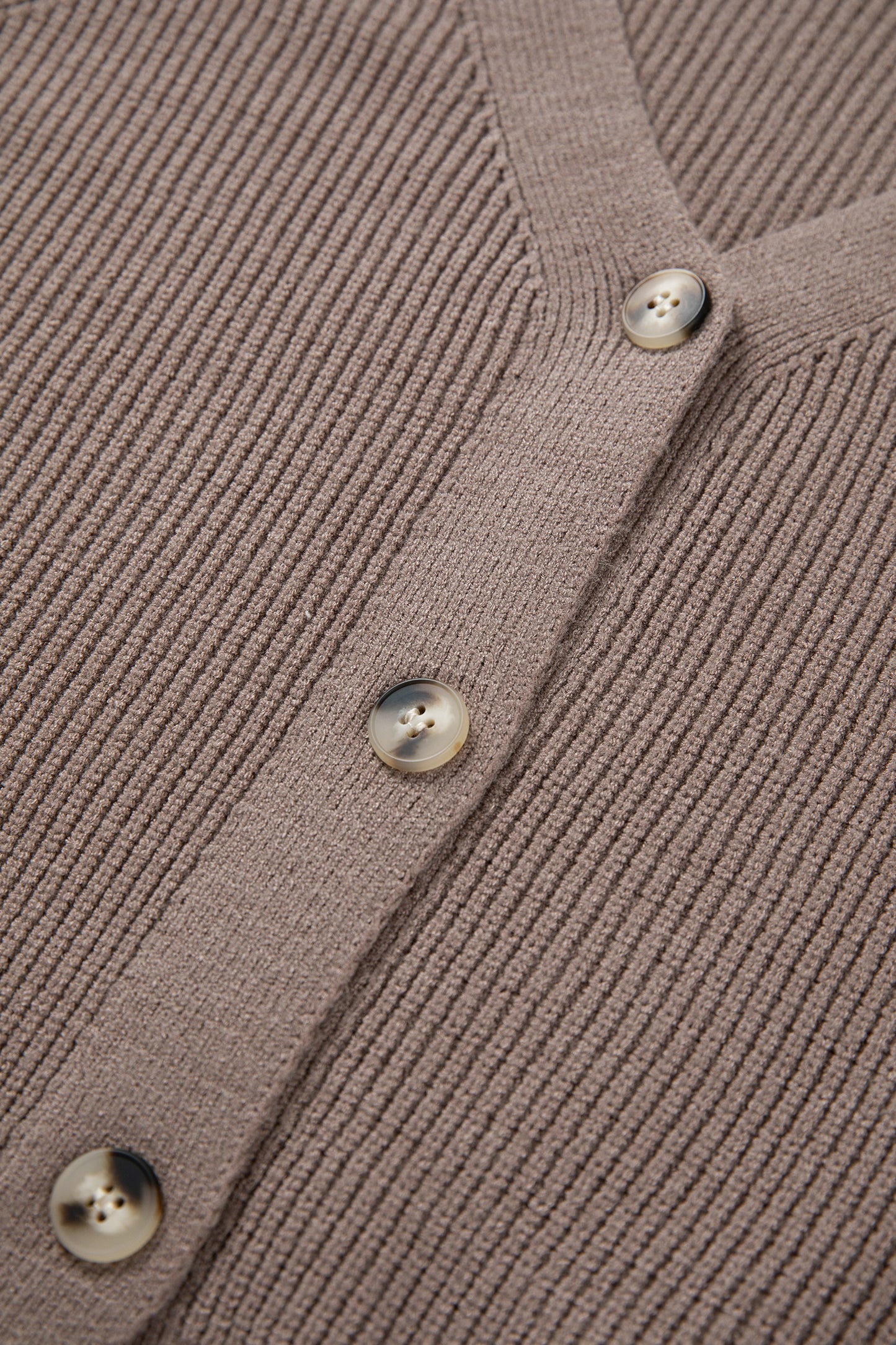 Women's taupe textured bishop sleeve cardigan with a V-neck, button-front closure, mixed knit texture, and relaxed fit.