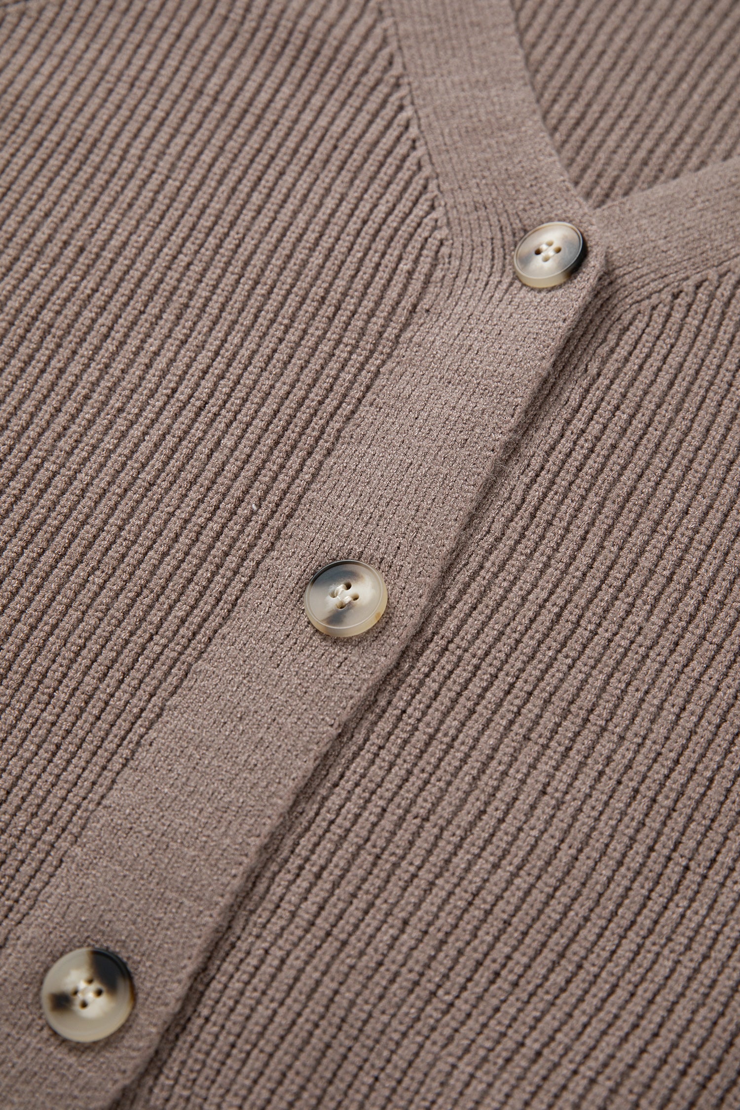 Women's taupe textured bishop sleeve cardigan with a V-neck, button-front closure, mixed knit texture, and relaxed fit.