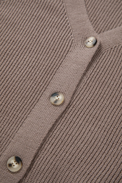 Women's taupe textured bishop sleeve cardigan with a V-neck, button-front closure, mixed knit texture, and relaxed fit.