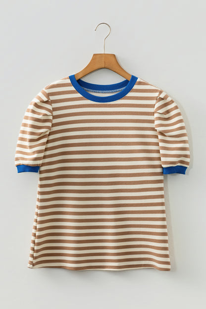 Striped Puff Sleeve Blouse – Casual Contrast Trim Everyday Top