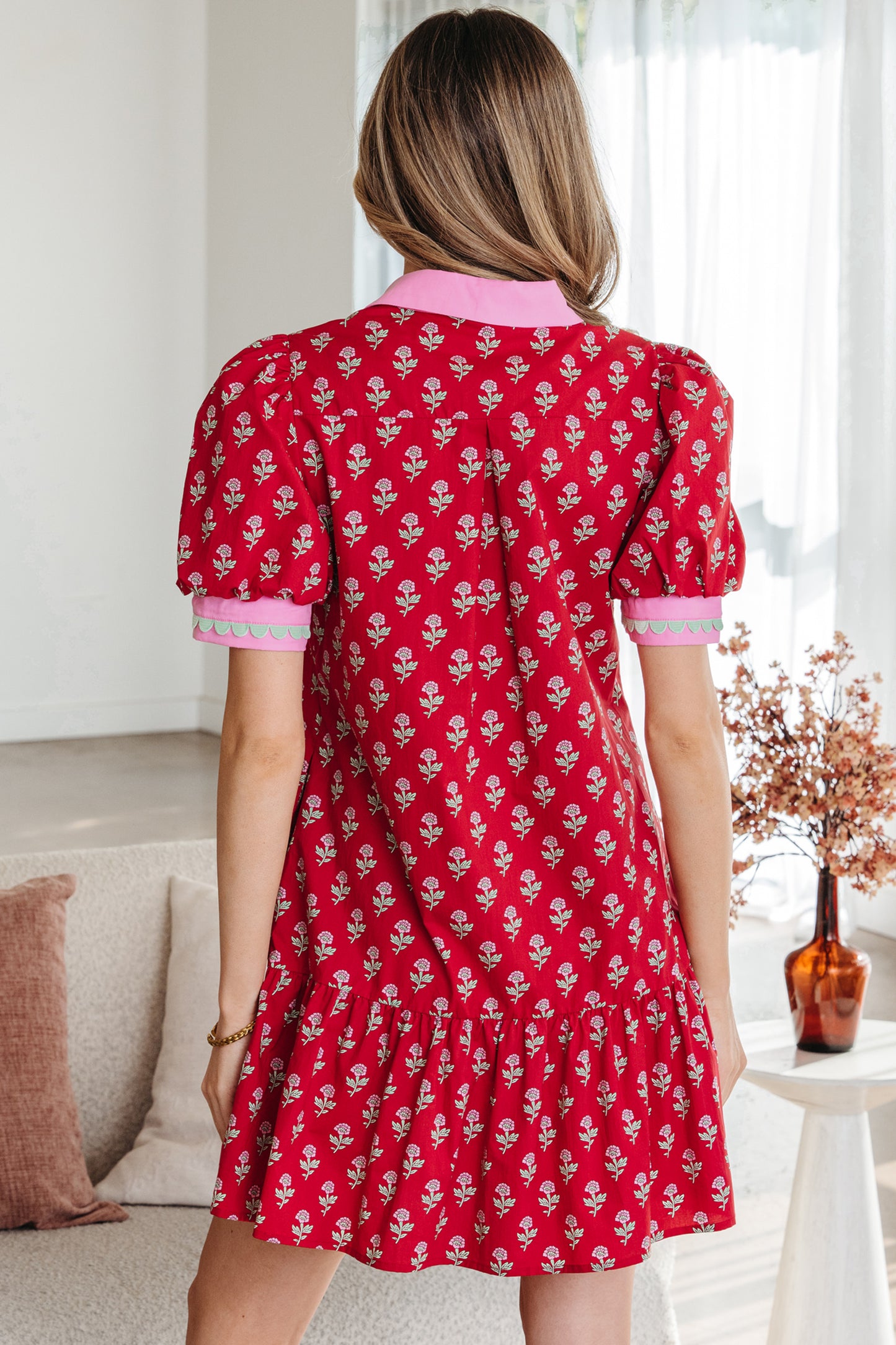 Colette Red Floral V-Neck Puff Sleeve Mini Dress