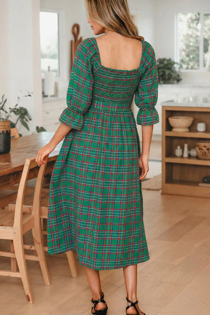Sienna Plaid Smocked Midi Dress