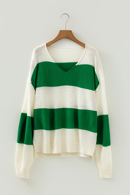 Red Stripe Cozy Color Block Bubble Sleeve Sweater