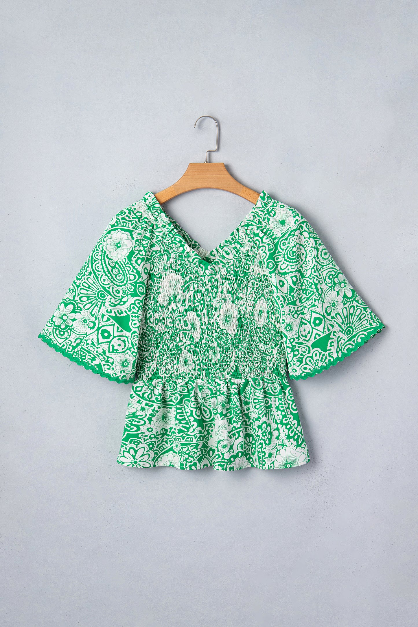 Green Floral Smocked Peplum Short Sleeve Blouse