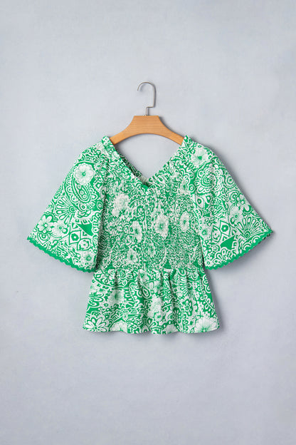 Green Floral Smocked Peplum Short Sleeve Blouse