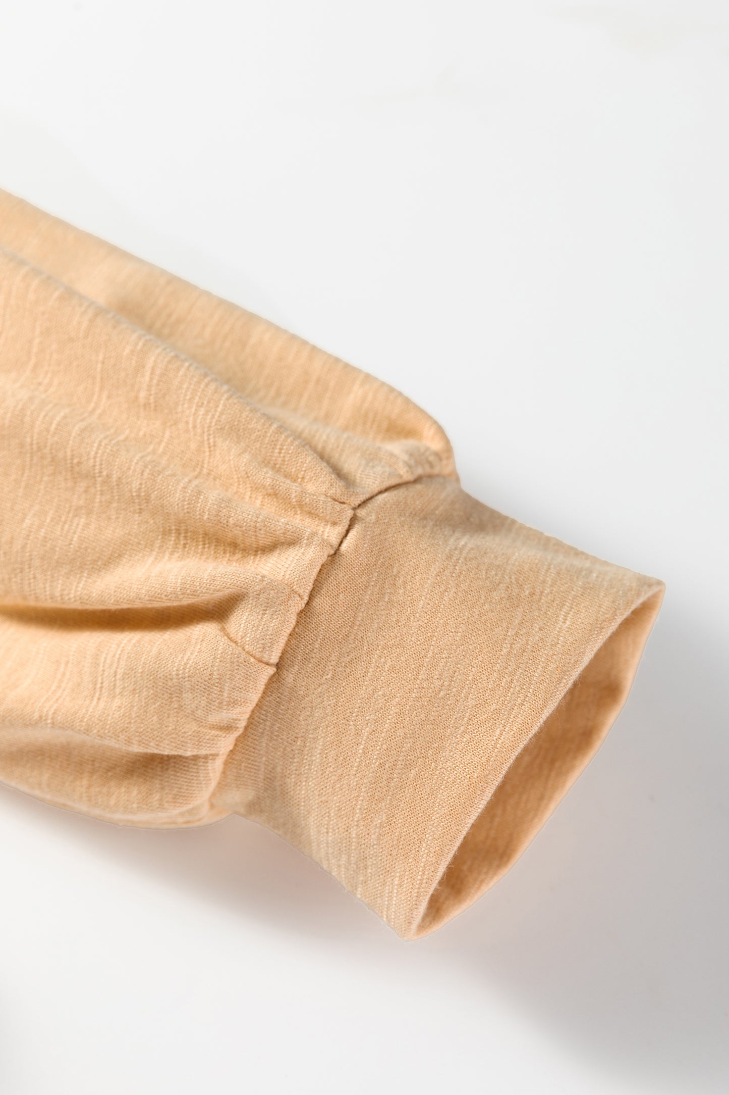 Soft Oatmeal split neck button detail long sleeve top with gathered cuff sleeves