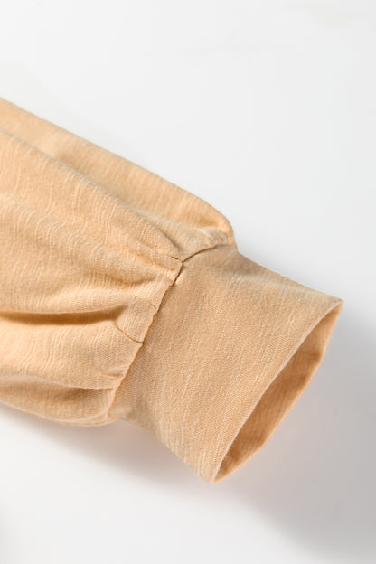 Soft Oatmeal split neck button detail long sleeve top with gathered cuff sleeves