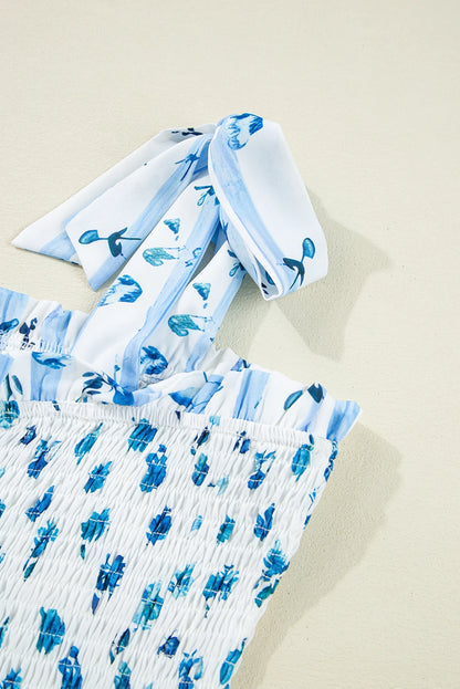 Sky Blue Floral Smocked Tied Strap Tiered Maxi Dress