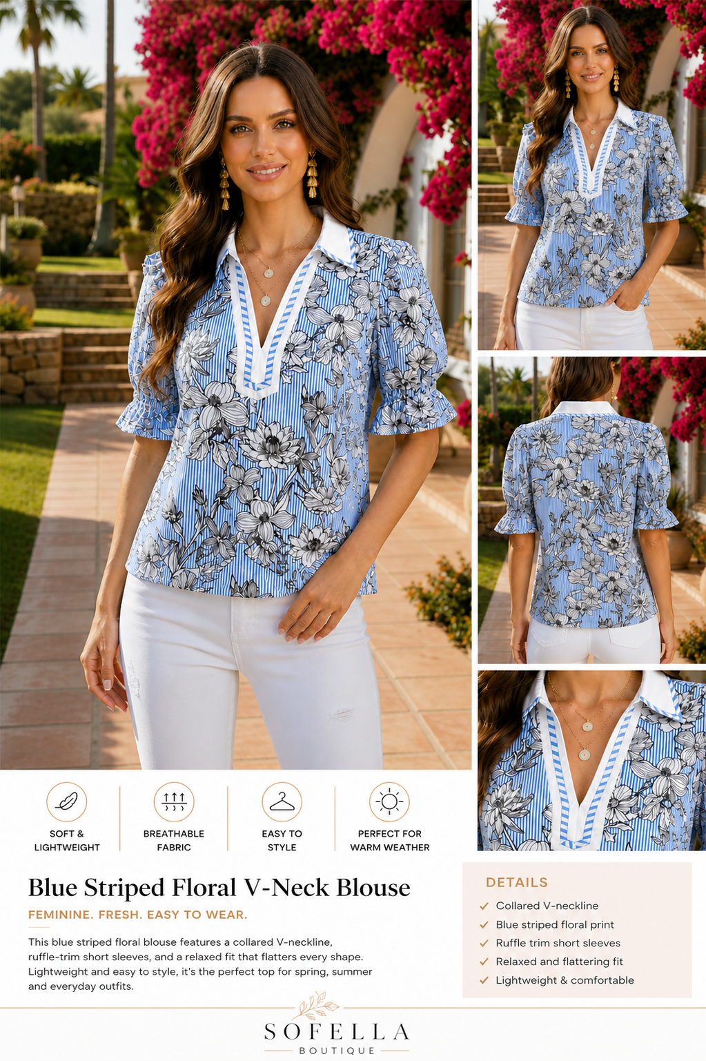 Blue Striped Floral V-Neck Short Sleeve Blouse for Women