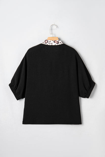 Leopard Trim V-Neck Blouse – Relaxed Fit Statement Top